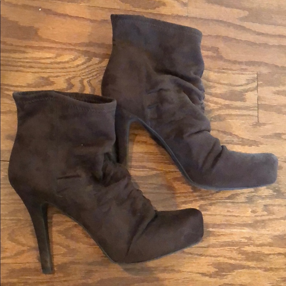 BCBG stiletto, ruched suede ankle boots